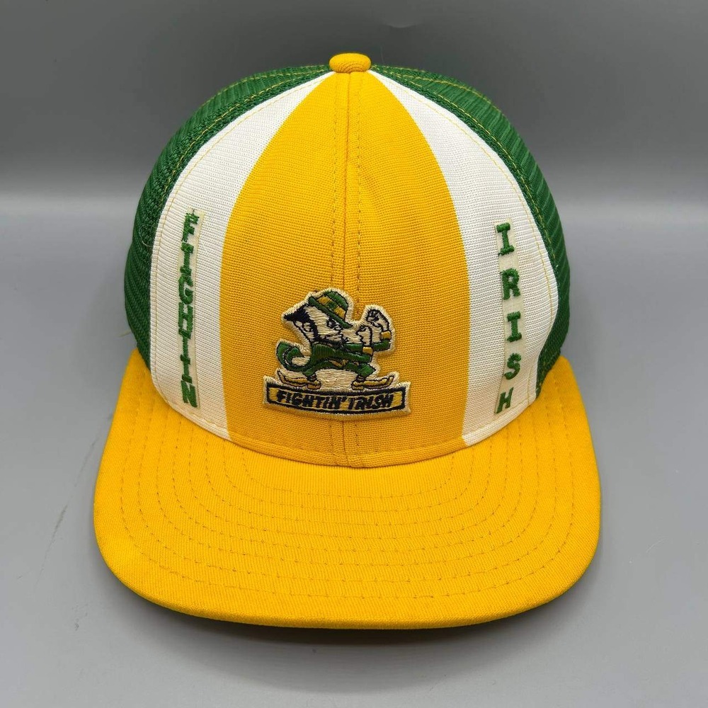 Vintage Notre Dame Fighting Irish Trucker Hat Men Large Yellow AJD Snap Back Cap